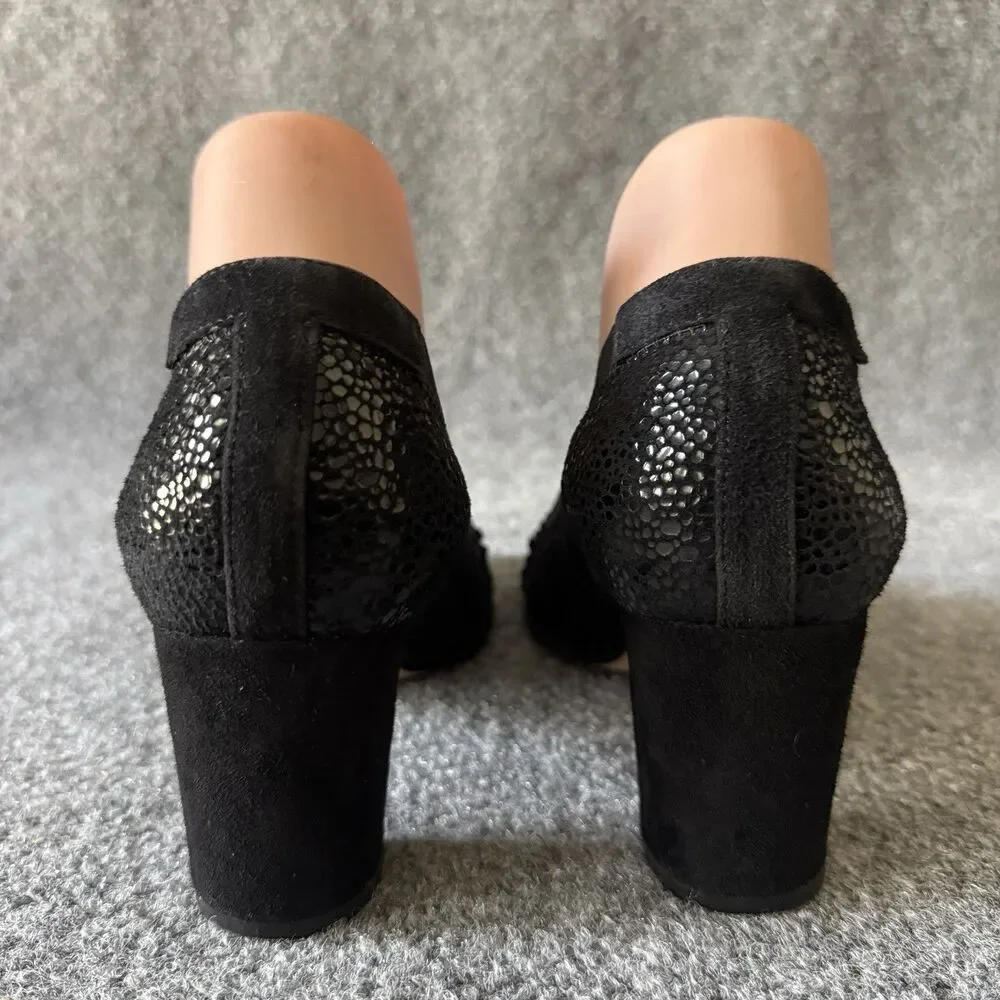 ANYI LU Black Textured Leather Slip-On Block Heel Pump Ribbon Animal Print 7